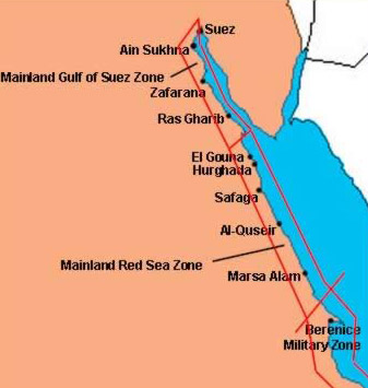 A map of  Egypt's Mainland Red Sea and Gulf of Suez Coast
