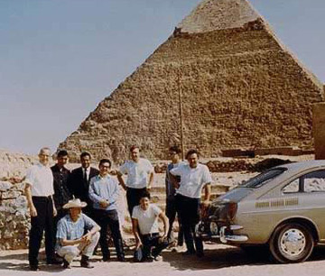 Some of the members of the Joint Pyramid Project, consisting of, from left to right, Luis Alvarez, A. Fawzi, George Aziz, Amr Goneid, Jerry Anderson, Jim Burkhard, Fred Kreiss, Buck Buckingham and Lauren Yazalino