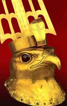 A golden Horus head from the Temple of Horus at Nekhen