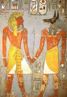 King Horemheb and the black-headed Anubis from his tomb in the fally of the kings