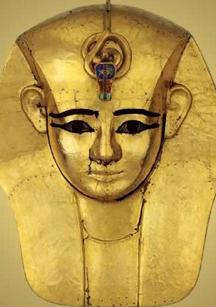 Funerary mask of Amenemope from the 21st Dynasty reign of Amenemope rendered in gold leaf on bronze