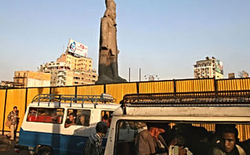 A view of the statue now with preparations being made for its move.