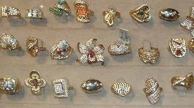 Fancy gold rings, some with diamonds and other gems, in the El Sagha district of Cairo