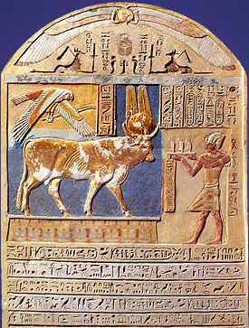 A stela of Ptolemy V showing an offering scene to a sacred bull. This one is not from Saqqara, but rather shows the Buchis bull which was sacred to Montu